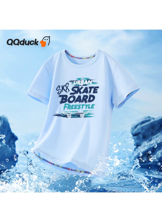 Qq Duck Children's Clothing, Boys' T-shirt, Girls' Short-sleeve Top, Summer Student Wear, Skateboard Letter Print, Ice Crystal Blue; Size 150 - Image 1