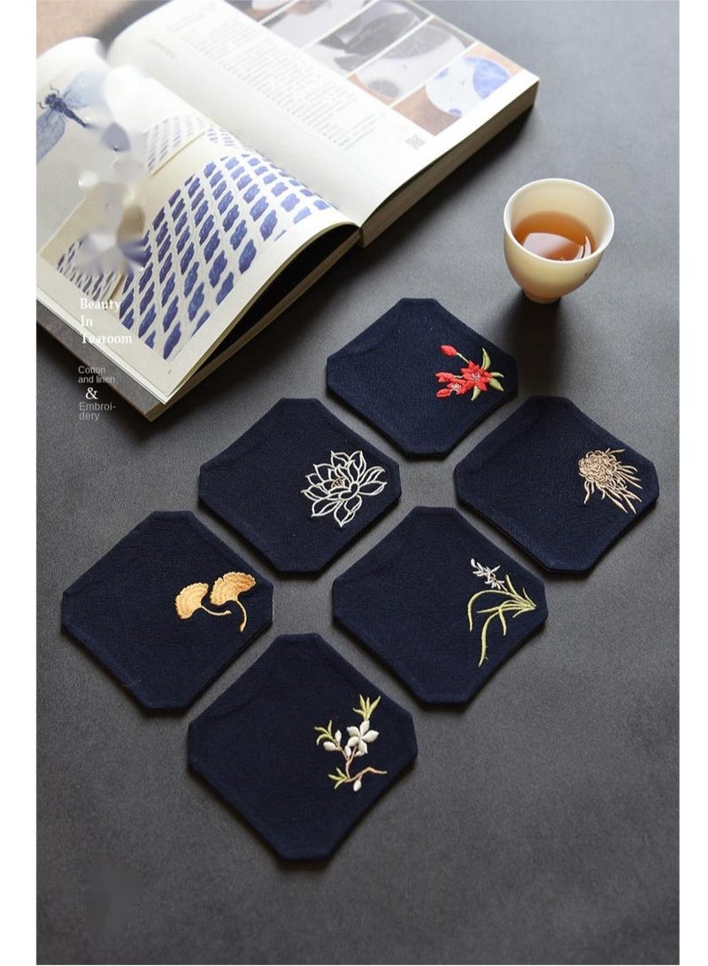 Y&D Chinese Style Cotton Linen Retro Water Absorbing Double Layer Thickened Cup Holder Fabric Embroidered Tea Cup Pad Fabric Art Cup Pad  - Image 3