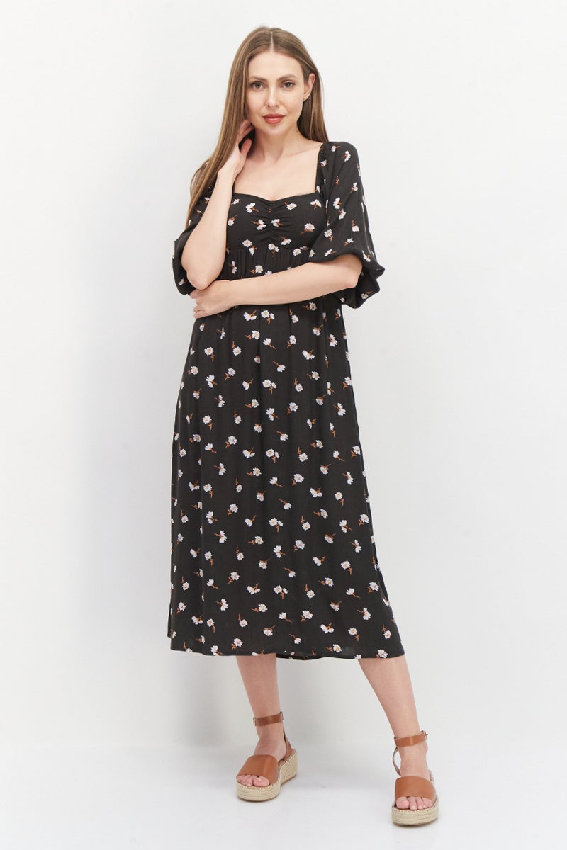 Billabong Women Floral Print Midi Dress, Washed Black - Image 1