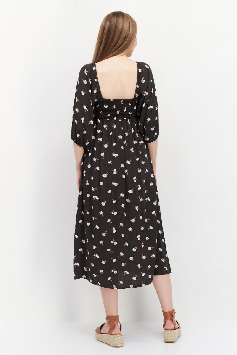 Billabong فستان ميدي مزخرف بالورود للنساء، أسود مغسول - Image 4