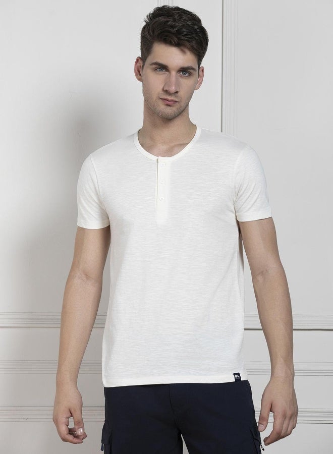 Dennis Lingo Men's Ecru 100% Cotton Solid Pattern Regular Fit T-Shirt  - Image 1