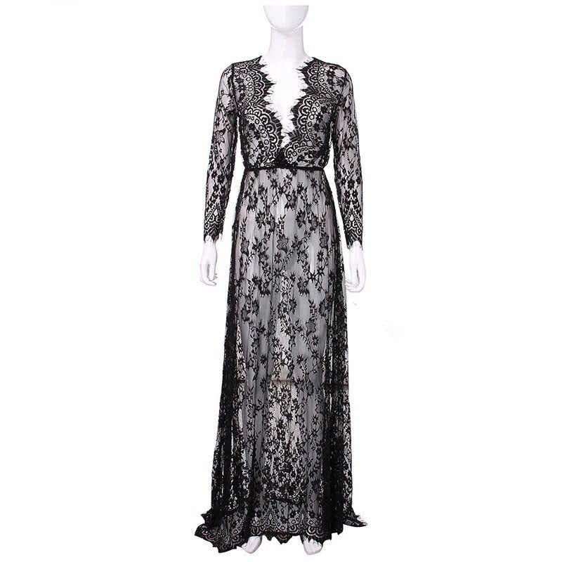 2023 Style Deep V Neck Long-Sleeved Lace See-Through Tight Tail Dress High Quality - Image 1