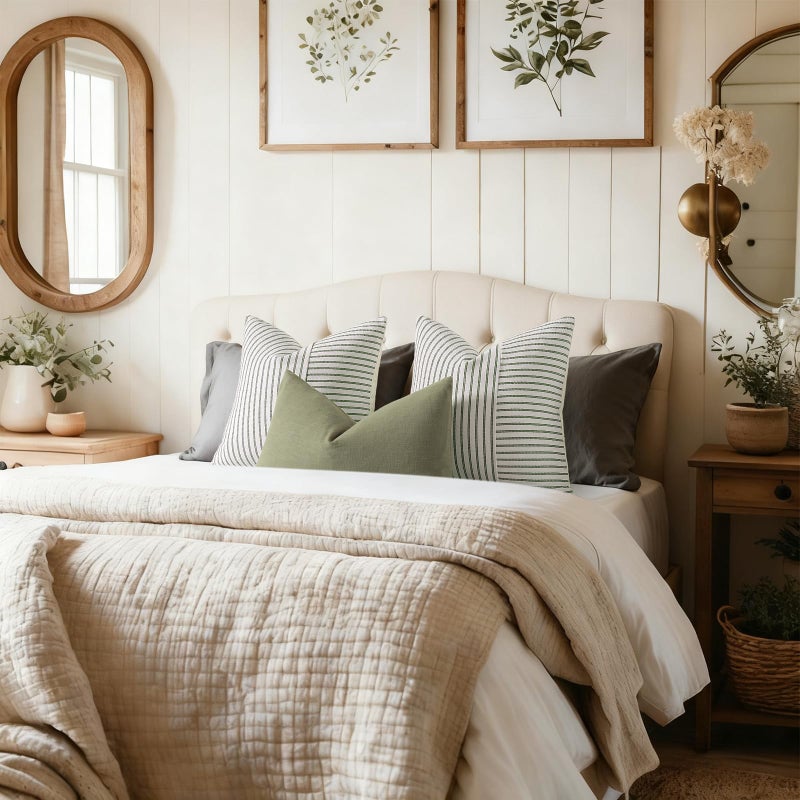 YCOLL Farmhouse Pillow Covers 18x18, Modern Accent Square Throw Pillow Covers Set of 2, Olive Green and Beige Striped Patchwork Linen Decorative Cushion Covers for Couch Chair Bedroom Home Decor - Image 5