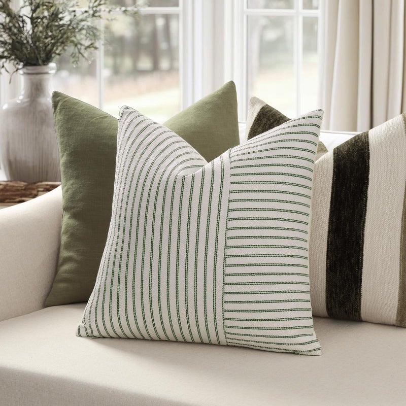 YCOLL Farmhouse Pillow Covers 18x18, Modern Accent Square Throw Pillow Covers Set of 2, Olive Green and Beige Striped Patchwork Linen Decorative Cushion Covers for Couch Chair Bedroom Home Decor - Image 3