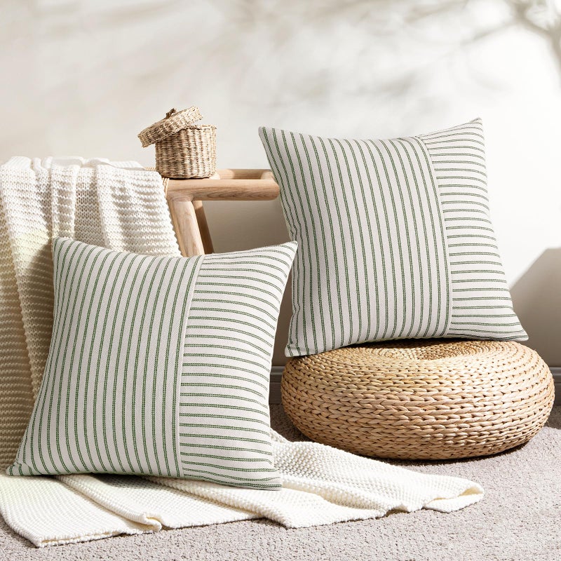 YCOLL Farmhouse Pillow Covers 18x18, Modern Accent Square Throw Pillow Covers Set of 2, Olive Green and Beige Striped Patchwork Linen Decorative Cushion Covers for Couch Chair Bedroom Home Decor - Image 2