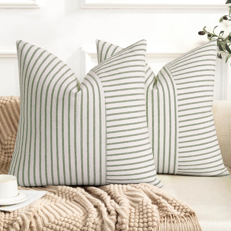 YCOLL Farmhouse Pillow Covers 18x18, Modern Accent Square Throw Pillow Covers Set of 2, Olive Green and Beige Striped Patchwork Linen Decorative Cushion Covers for Couch Chair Bedroom Home Decor - Image 1
