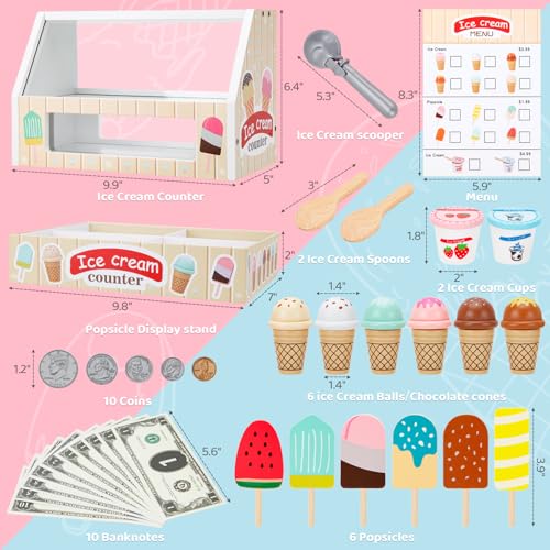 ZJEFUNS Wooden Ice Cream Toys for Kids Ice Cream Counter Shop for Toddlers Pretend Play Food Scoop and Serve with Scoop Menu Fake Money for Boys and Girls Ages 3 4 5 6 Beige - Image 5