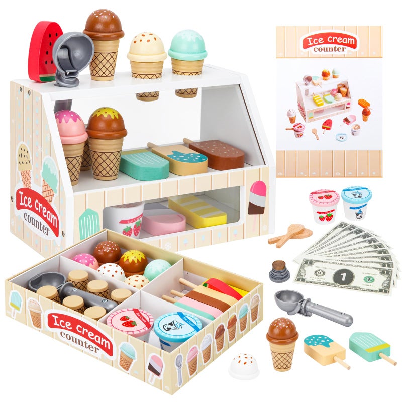 ZJEFUNS Wooden Ice Cream Toys for Kids Ice Cream Counter Shop for Toddlers Pretend Play Food Scoop and Serve with Scoop Menu Fake Money for Boys and Girls Ages 3 4 5 6 Beige - Image 3