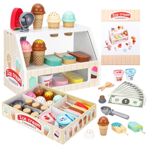 ZJEFUNS Wooden Ice Cream Toys for Kids Ice Cream Counter Shop for Toddlers Pretend Play Food Scoop and Serve with Scoop Menu Fake Money for Boys and Girls Ages 3 4 5 6 Beige - Image 1