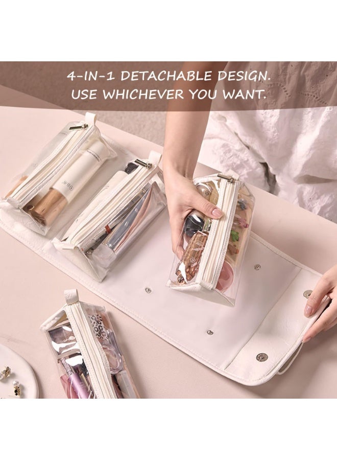 حقيبة سفر ماكياج جلدية مقاومة للماء مع 4 مقصورات واضحة قابلة للفصل ، منظم مسطح قابل للطي لمستحضرات التجميل ، تخزين محمول بسعة كبيرة للنساء (خاكي) - Image 3