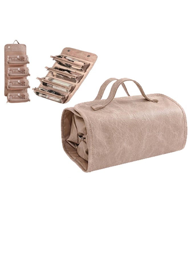 حقيبة سفر ماكياج جلدية مقاومة للماء مع 4 مقصورات واضحة قابلة للفصل ، منظم مسطح قابل للطي لمستحضرات التجميل ، تخزين محمول بسعة كبيرة للنساء (خاكي) - Image 1