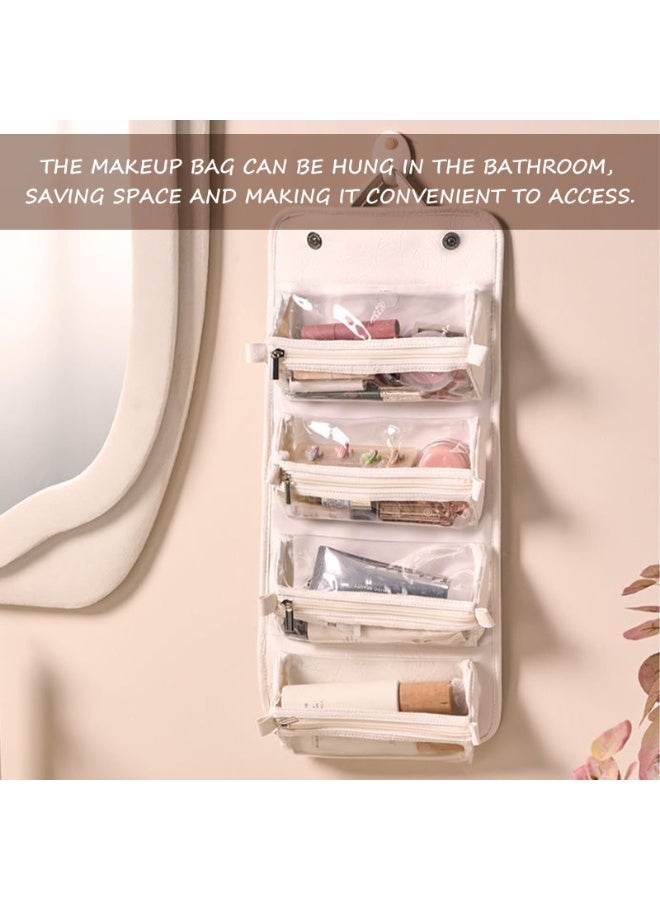 حقيبة سفر ماكياج جلدية مقاومة للماء مع 4 مقصورات واضحة قابلة للفصل ، منظم مسطح قابل للطي لمستحضرات التجميل ، تخزين محمول بسعة كبيرة للنساء (خاكي) - Image 4