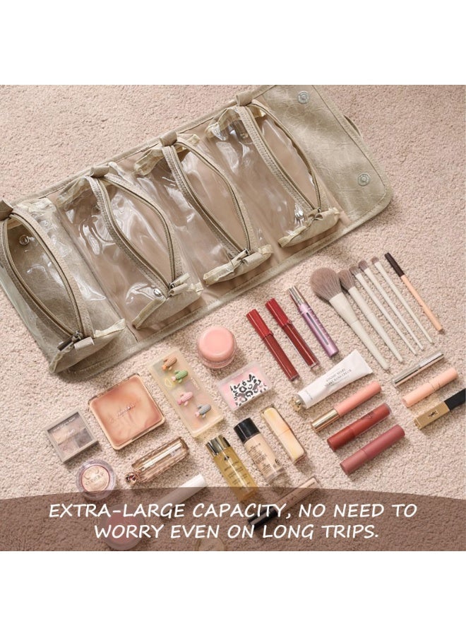 حقيبة سفر ماكياج جلدية مقاومة للماء مع 4 مقصورات واضحة قابلة للفصل ، منظم مسطح قابل للطي لمستحضرات التجميل ، تخزين محمول بسعة كبيرة للنساء (خاكي) - Image 5