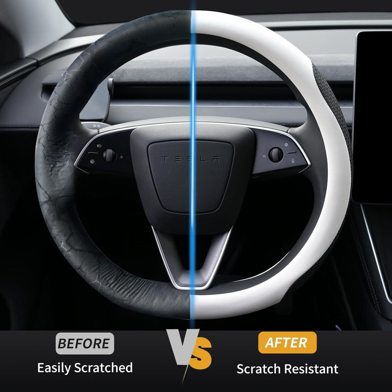 Uxcer غطاء عجلة القيادة من جلد نابا Uxcer لسيارة Tesla Model 3/Y 2016-2024، واقي عجلة القيادة غير قابل للانزلاق وقابل للتنفس لسيارة Tesla Model 3/Y، أبيض - Image 4