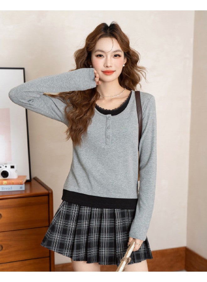 Jeanswest Autumn Color-Blocking Spliced Lace Collar False Two-Piece Long-Sleeve T-Shirt Simple Inner Wear Comfortable Slimming Base Shirt Women'S Top - Image 1