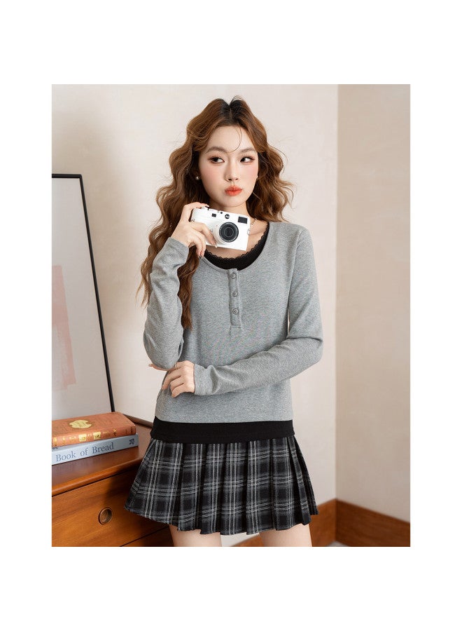 Jeanswest Autumn Color-Blocking Spliced Lace Collar False Two-Piece Long-Sleeve T-Shirt Simple Inner Wear Comfortable Slimming Base Shirt Women'S Top - Image 4