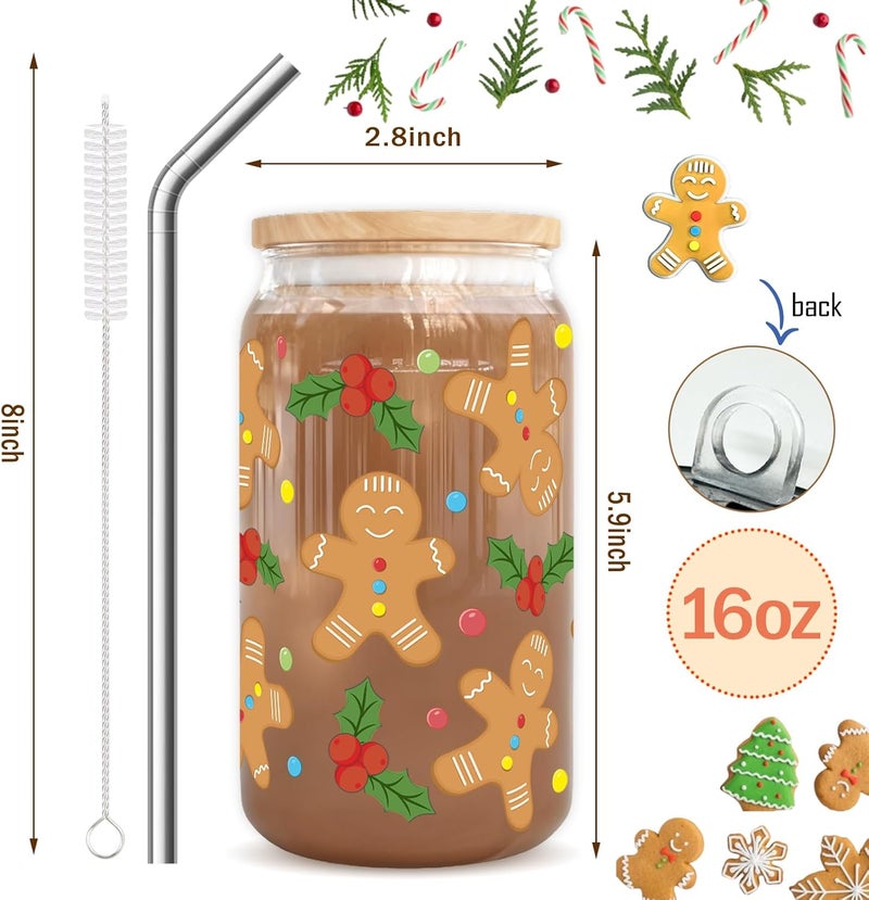 RVEAFA Christmas Gifts - Holly Gingerbread Man Iced Coffee Cups 16oz, Christmas Glass Cup with Lids and Straws, Holiday Tumbler Gifts for Kids Women Mom Coworkers Friends - Image 4