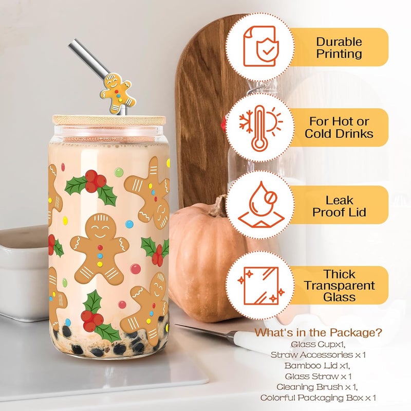 RVEAFA Christmas Gifts - Holly Gingerbread Man Iced Coffee Cups 16oz, Christmas Glass Cup with Lids and Straws, Holiday Tumbler Gifts for Kids Women Mom Coworkers Friends - Image 3