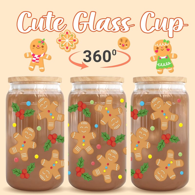 RVEAFA Christmas Gifts - Holly Gingerbread Man Iced Coffee Cups 16oz, Christmas Glass Cup with Lids and Straws, Holiday Tumbler Gifts for Kids Women Mom Coworkers Friends - Image 2