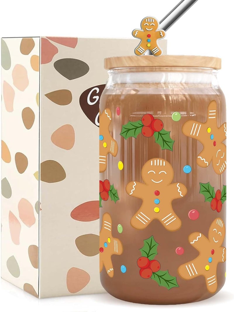 RVEAFA Christmas Gifts - Holly Gingerbread Man Iced Coffee Cups 16oz, Christmas Glass Cup with Lids and Straws, Holiday Tumbler Gifts for Kids Women Mom Coworkers Friends - Image 1