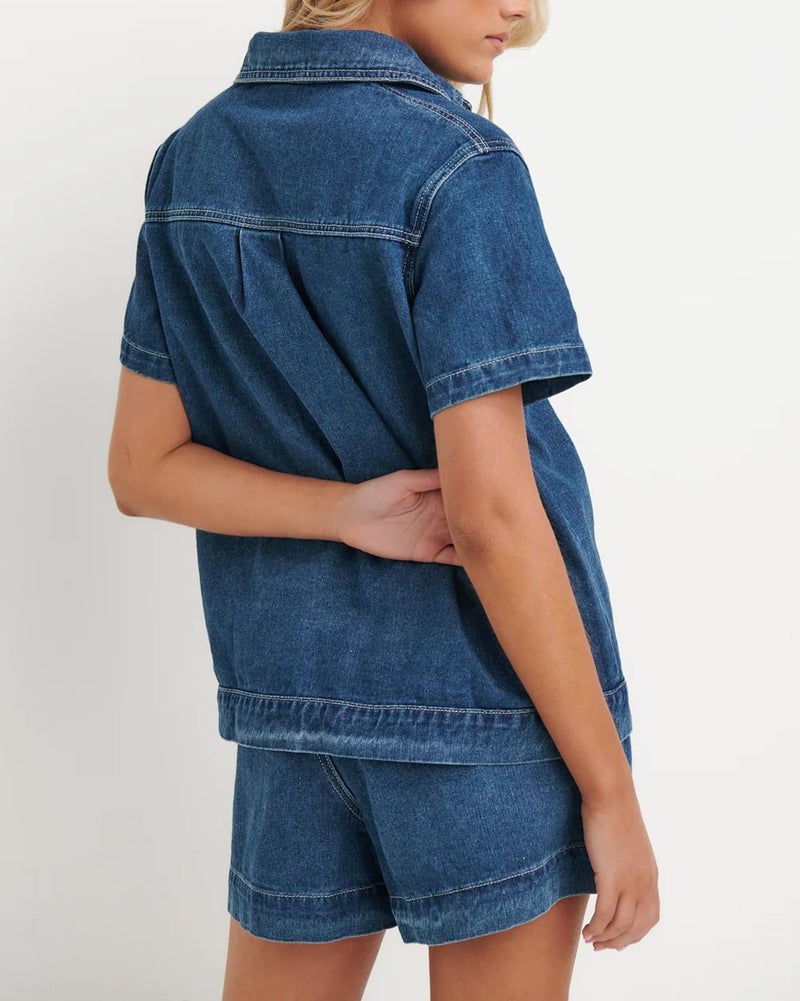 Kedera Denim Set for Women 2 piece Fall Trendy Casual Short Sleeve Boxy Shirt Tops and Shorts Pants Lounge Sets Outfits - Image 2