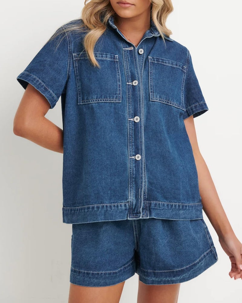 Kedera Denim Set for Women 2 piece Fall Trendy Casual Short Sleeve Boxy Shirt Tops and Shorts Pants Lounge Sets Outfits - Image 4