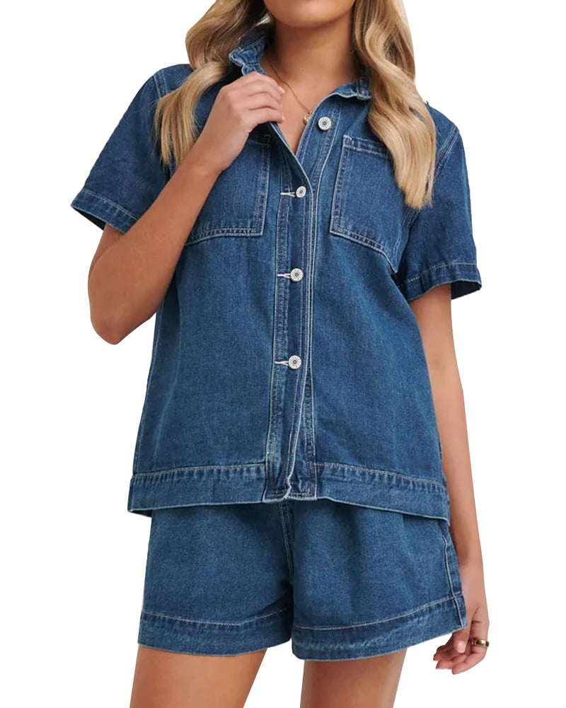 Kedera Denim Set for Women 2 piece Fall Trendy Casual Short Sleeve Boxy Shirt Tops and Shorts Pants Lounge Sets Outfits - Image 1