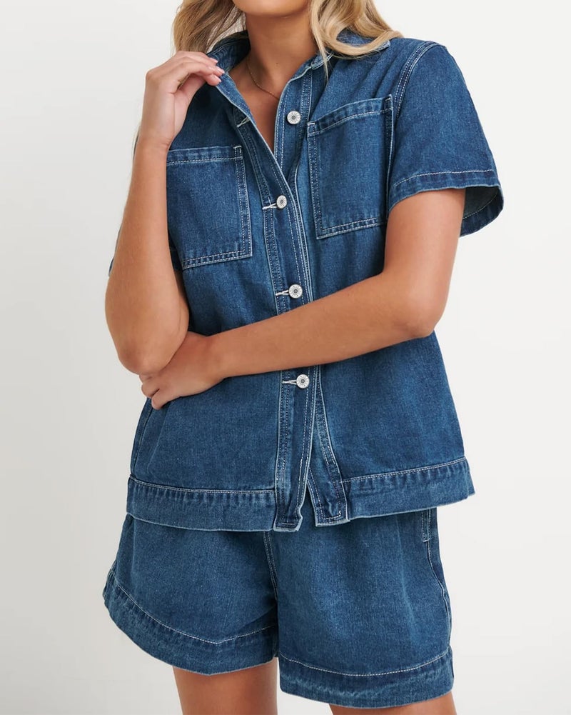 Kedera Denim Set for Women 2 piece Fall Trendy Casual Short Sleeve Boxy Shirt Tops and Shorts Pants Lounge Sets Outfits - Image 3
