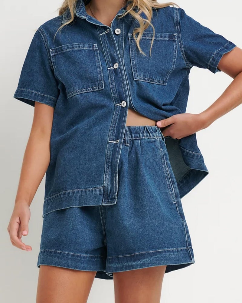 Kedera Denim Set for Women 2 piece Fall Trendy Casual Short Sleeve Boxy Shirt Tops and Shorts Pants Lounge Sets Outfits - Image 5