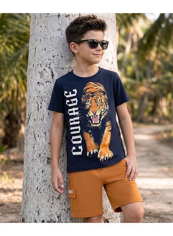 Ollington St. Ollington St. Cotton Knit Half Sleeves Tiger T-Shirt With Shorts Set - Navy & Orange