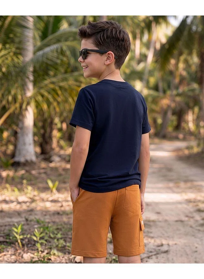 Ollington St. Ollington St. Cotton Knit Half Sleeves Tiger T-Shirt With Shorts Set - Navy & Orange