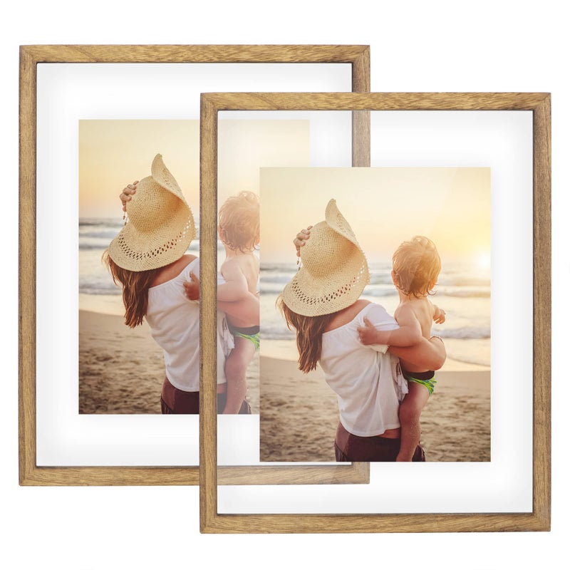 DLQuarts 11x14 Floating Photo Picture Frame, Floating Display for Photos 8x10, 7x9, 5x7, 8.5x11 Certificate, or Full Display for 11x14 Photos, Solid Wood, Double Glass, 2 Pack, Carbonized Brown - Image 1