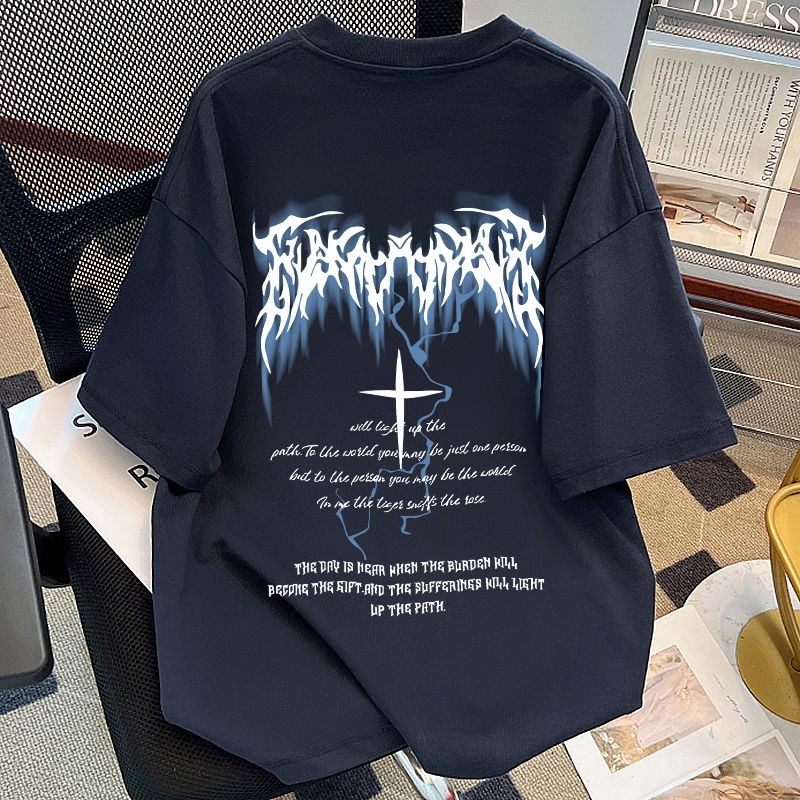 American high street lightning print short-sleeved T-shirt for men and women in summer pure cotton oversize loose trendy casual top - Image 2