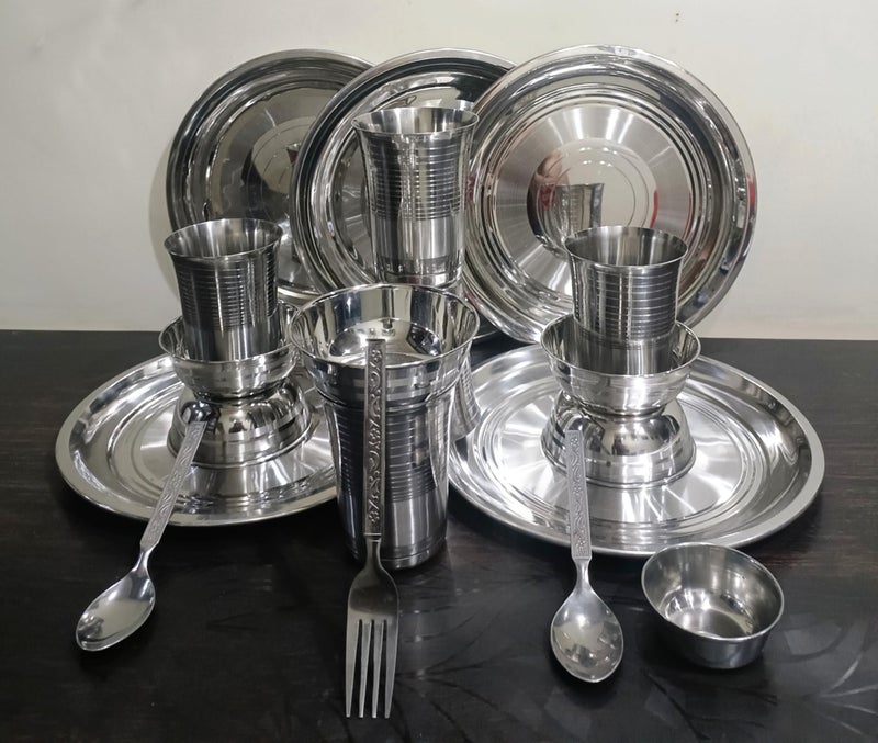 KITCHEN AREna Stainless Steel Dinner Set, 5 Plates, 5 Bowls, 5 Glasses, 2 Spoons, 1 Fork, 1 Chutney Bowl - Image 1