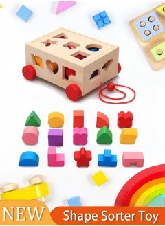 Wooden Sorting Stacking Toy, Shape Sorter Cube with Storage Space, Shape and Color Cognition Puzzle Stacker, Montessori Toy, Early Educational Toy, Easy to Storage and Carry, Gift for Toddlers Kids (Natural Solid Wood)