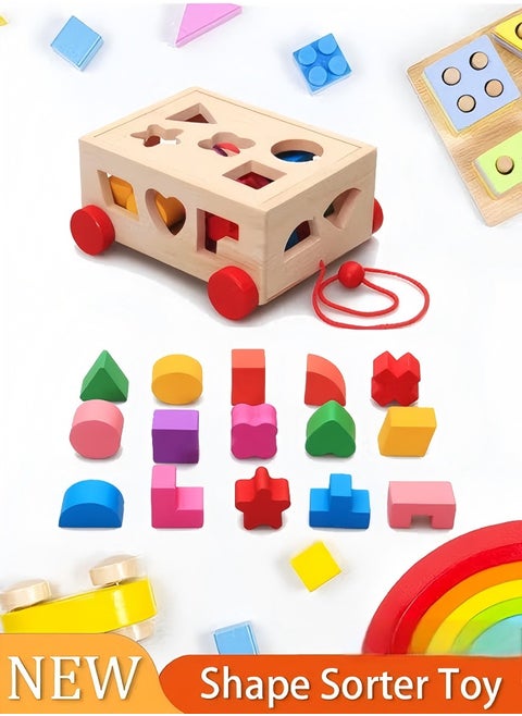 Wooden Sorting Stacking Toy, Shape Sorter Cube with Storage Space, Shape and Color Cognition Puzzle Stacker, Montessori Toy, Early Educational Toy, Easy to Storage and Carry, Gift for Toddlers Kids (Natural Solid Wood)