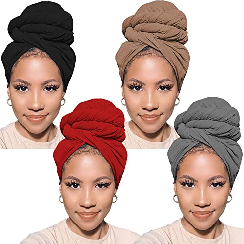 PWEOUKE 4 Pcs Stretch Head Wraps for Black Women Solid Color Ultra Soft African Head Scarf for Dreadlocks Extra Long Breathable Turban Urban Headband Tie - Image 1