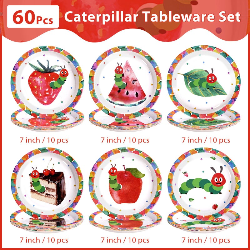 Greencian 60Pcs Hungry Caterpillar Paper Plates 7 Inch Heavy Duty Disposable Cartoon Caterpillar Dessert Plates Green Insect Party Decorations for Kids Birthday Baby Shower Spring Picnic BBQ Party Supplies - Image 4