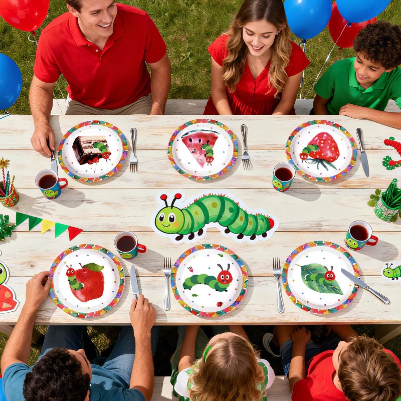 Greencian 60Pcs Hungry Caterpillar Paper Plates 7 Inch Heavy Duty Disposable Cartoon Caterpillar Dessert Plates Green Insect Party Decorations for Kids Birthday Baby Shower Spring Picnic BBQ Party Supplies - Image 3