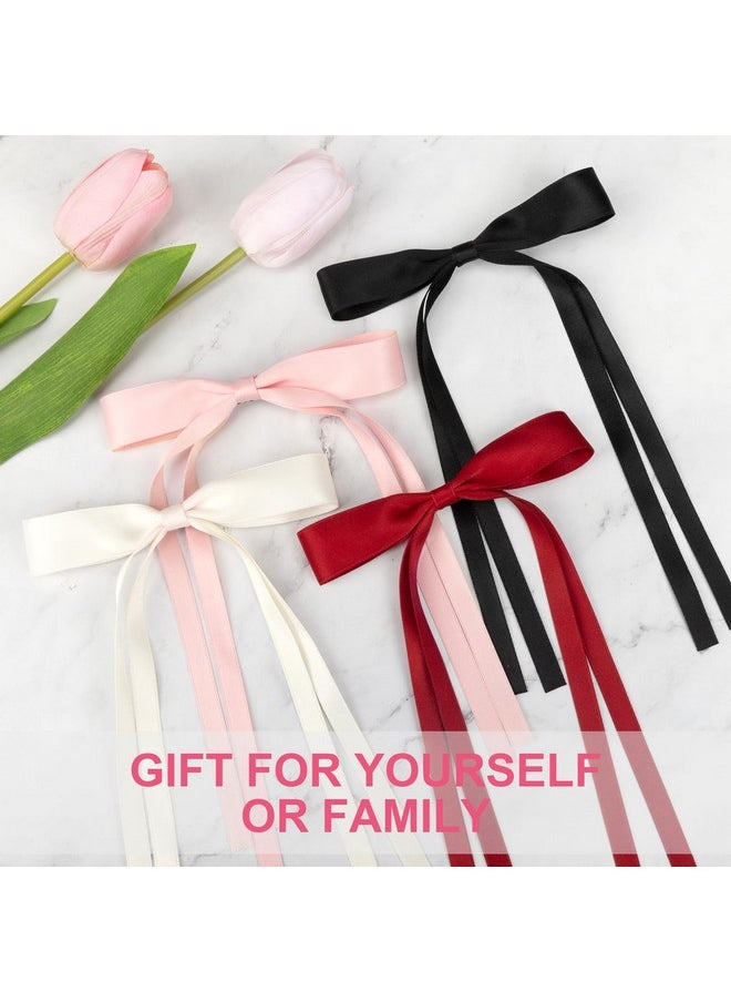 EWAGOA 8 Pcs Silky Satin Hair Bows With Tassel For Women Grils Tassel Ribbon Bowknot Hair Clips For Ponytail Holder. Pink Red Hair Bow And Black White Barrettes Claw Bow  - Image 4
