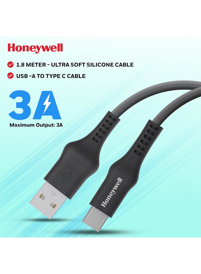 Honeywell Usb To Type C Cable 1.8Mtr Tangle Free Compatible With Iphone 16/15 Google Pixel Samsung And Oneplus Upto 60W Pd Black Black - Image 1