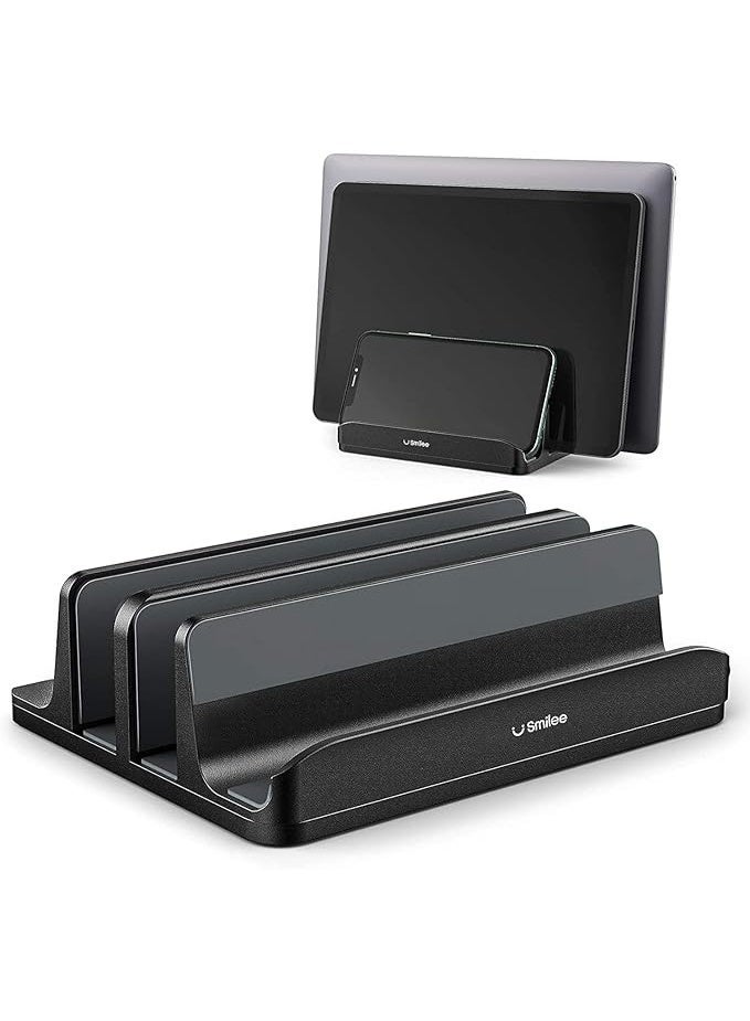 سمايلي حامل لاب توب راسي مصنوع من الالومنيوم المصقول عالي التحمل مزود بـ3 فتحات للاب توب وتابلت وموبايل ومقابض تثبيت مضادة للانزلاق من السيليكون مناسب لجميع موديلات اللاب توب حتى 17.3 بوصة من سمايلي - اسود - Image 1