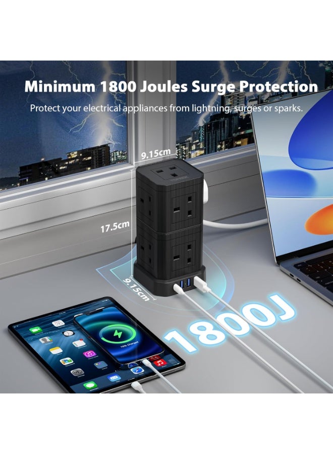 TOPREK Tower Extension Lead with USB Slots & Surge Protection - 9 AC Outlets, 1 USB-C 20W & 3 USB-A Ports, Convertible 2-Tier Power Strip with Switch, 2M Black Extension Lead - Image 3