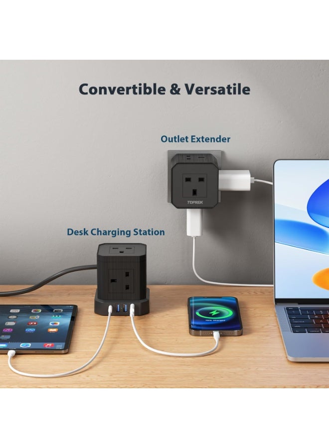 TOPREK Tower Extension Lead with USB Slots & Surge Protection - 9 AC Outlets, 1 USB-C 20W & 3 USB-A Ports, Convertible 2-Tier Power Strip with Switch, 2M Black Extension Lead - Image 5