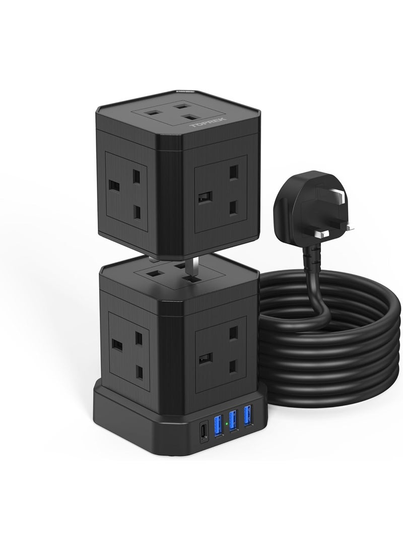 TOPREK Tower Extension Lead with USB Slots & Surge Protection - 9 AC Outlets, 1 USB-C 20W & 3 USB-A Ports, Convertible 2-Tier Power Strip with Switch, 2M Black Extension Lead - Image 1