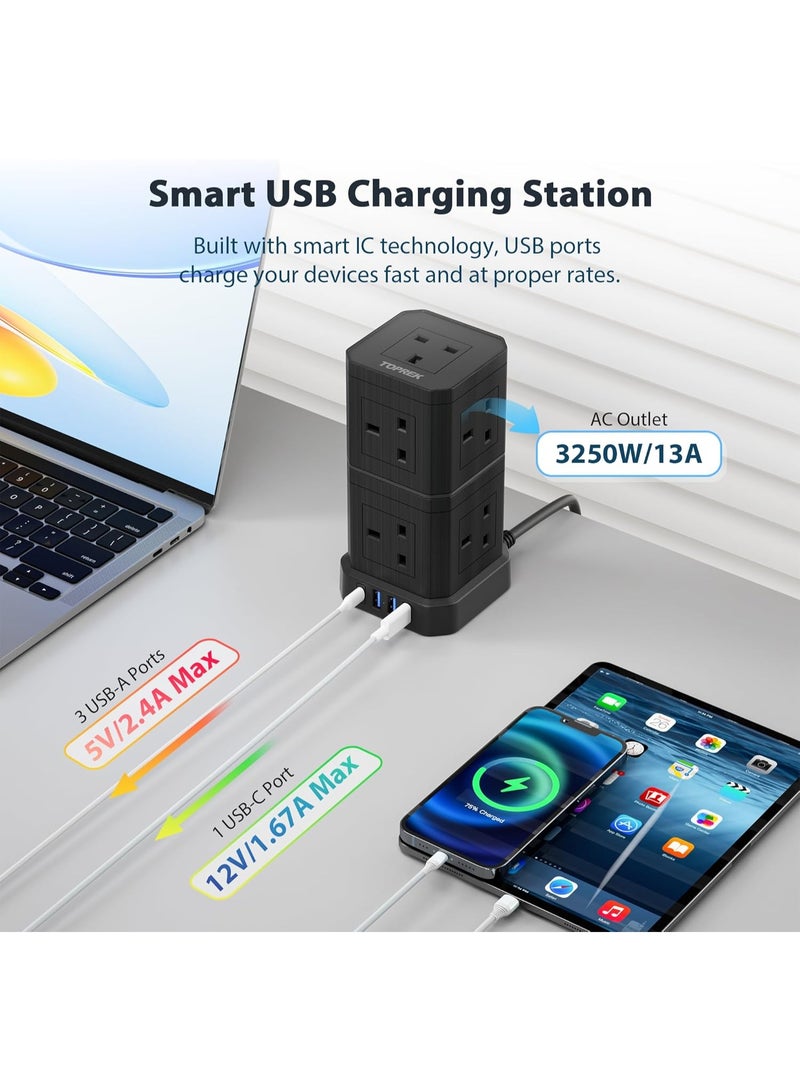 TOPREK Tower Extension Lead with USB Slots & Surge Protection - 9 AC Outlets, 1 USB-C 20W & 3 USB-A Ports, Convertible 2-Tier Power Strip with Switch, 2M Black Extension Lead - Image 4