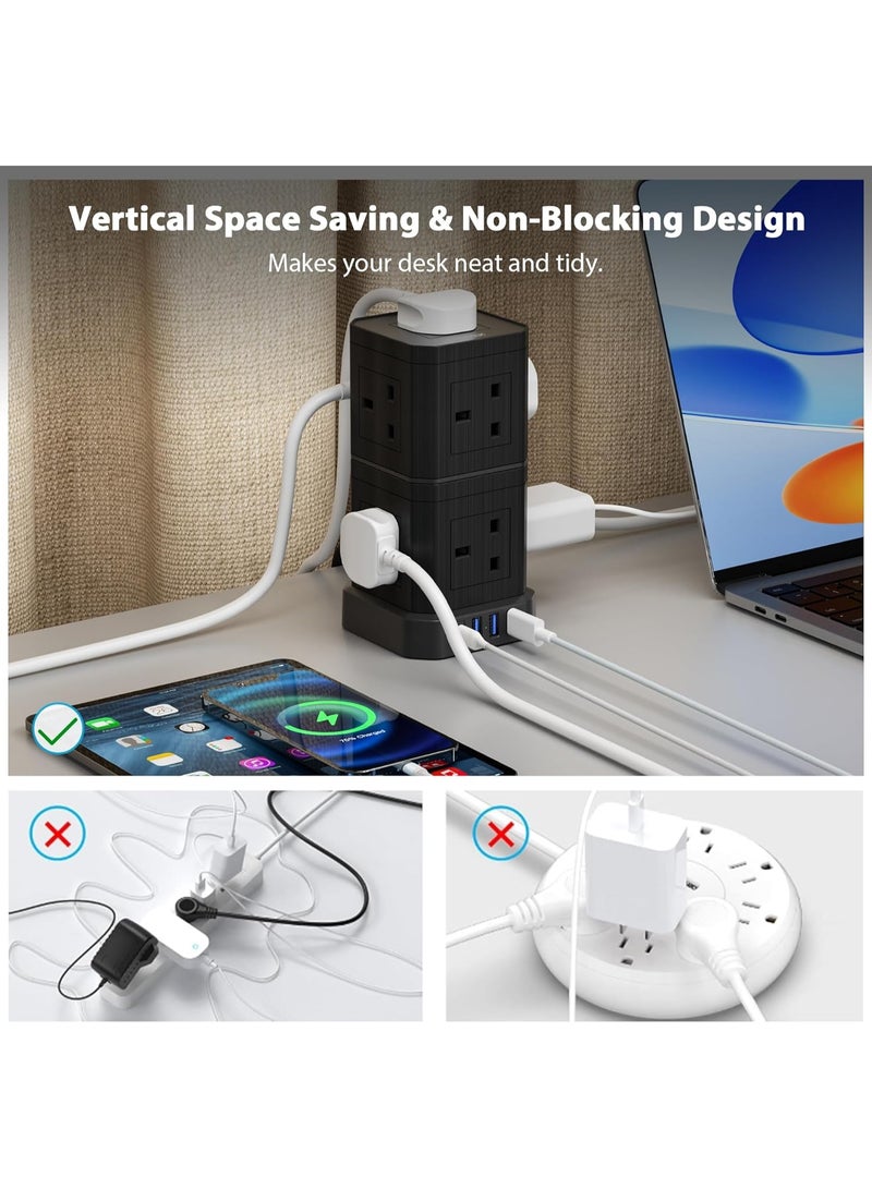 TOPREK Tower Extension Lead with USB Slots & Surge Protection - 9 AC Outlets, 1 USB-C 20W & 3 USB-A Ports, Convertible 2-Tier Power Strip with Switch, 2M Black Extension Lead - Image 2