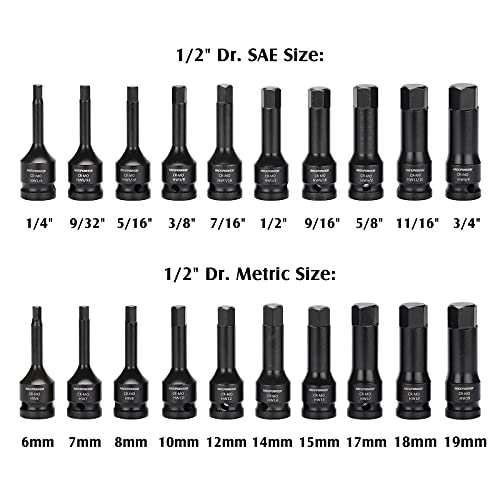 MIXPOWER 1/2" Drive Master Impact Hex Bit Set, Hex Driver, 20-Piece 1/2" Drive Allen Bit Socket Set, SAE/Metric, 1/4" - 3/4", 6-19mm, Cr-Mo Steel, Impact Grade - Image 2