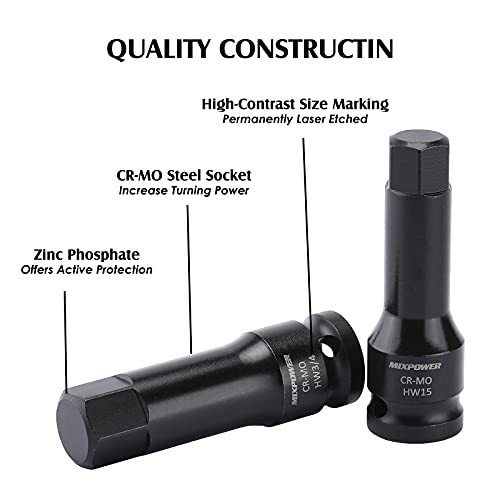 MIXPOWER 1/2" Drive Master Impact Hex Bit Set, Hex Driver, 20-Piece 1/2" Drive Allen Bit Socket Set, SAE/Metric, 1/4" - 3/4", 6-19mm, Cr-Mo Steel, Impact Grade - Image 4