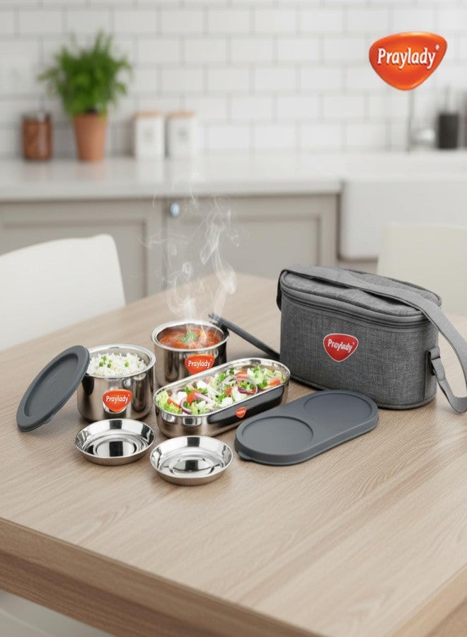 Praylady Lunch Mate Duo Plus | Insulated Lunch Box Set with 2 Stainless Steel 300ml Leak-Proof Containers & 1 Chapati Box (475ml) | Compact Lunch Carrier with Premium Bag | BPA-Free & Easy to Carry - Image 4